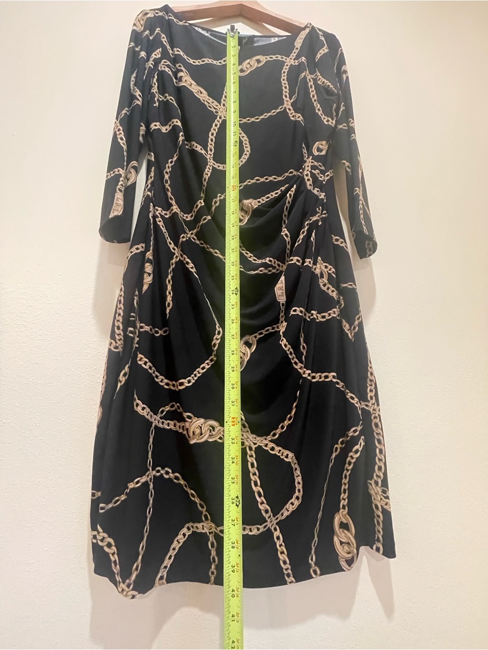 Lauren Ralph Lauren Black Gold Chain Print Faux Wrap Dress 14 Stretchy Ruched - Picture 12 of 16